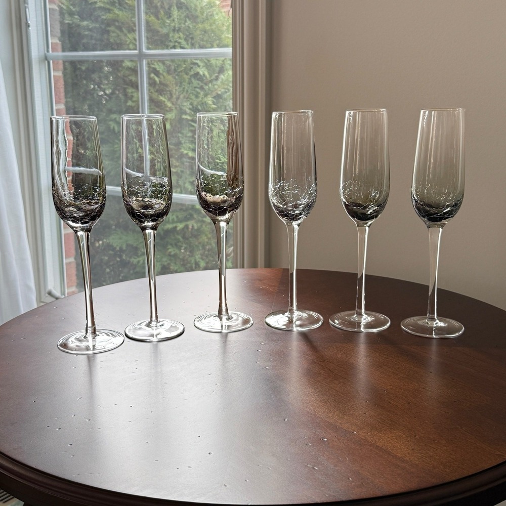 Pier 1 Crackle Glass Champagne Flutes Smoke Gray Clear Stem Set of 6 EUC Barware - Picture 3 of 6